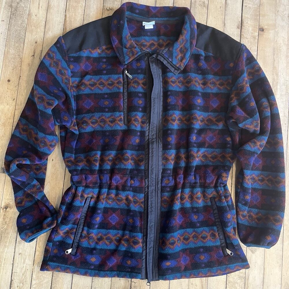 Vintage 90s Black Diamond Fleece Jacket Aztec Print USA Large Southwestern